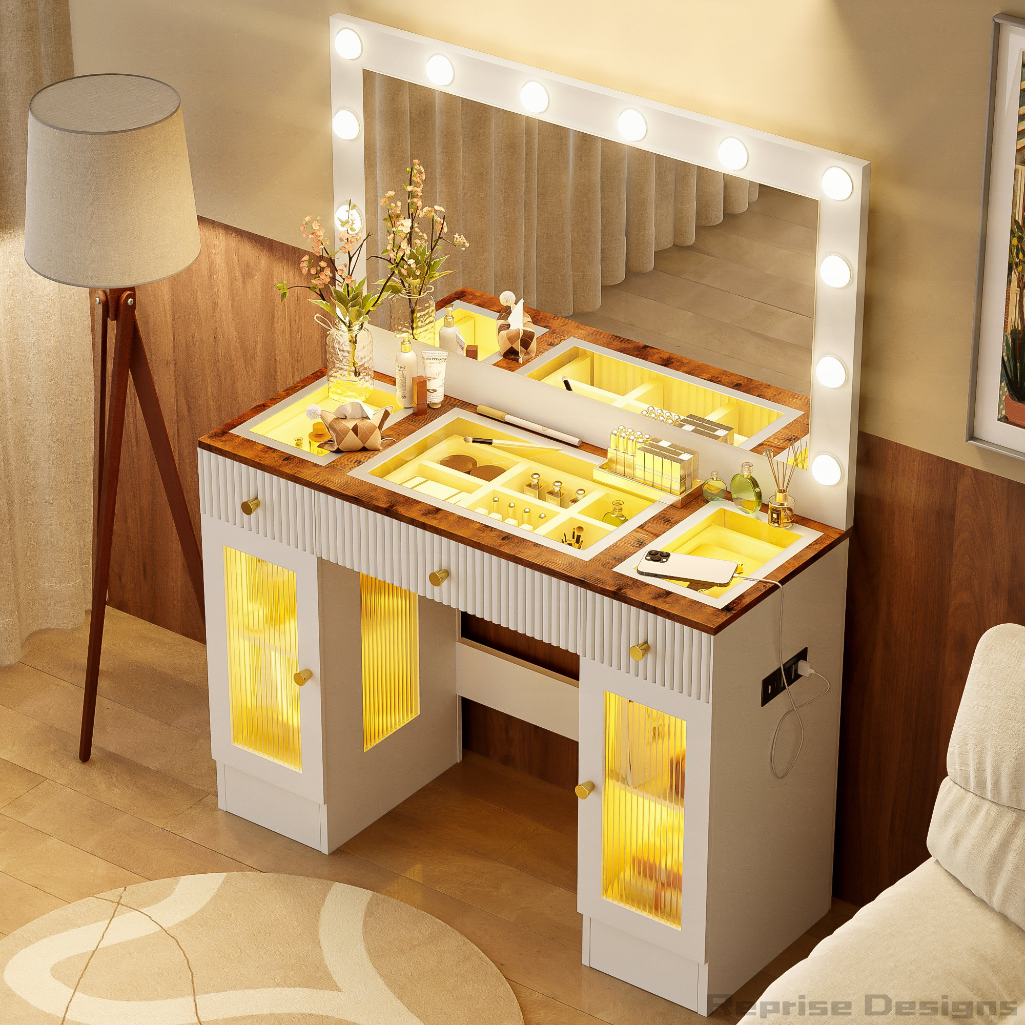 Reprise Designs 43.3" Glass Top Vanity Desk Makeup Vanity with Large — free download